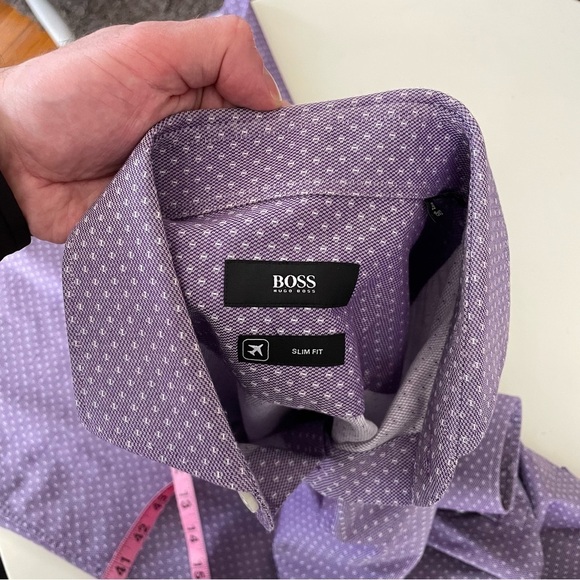 Hugo Boss Men’s Slim Fit Geometric Print Dress Shirt Purple Neck 15.5” - Picture 4 of 9